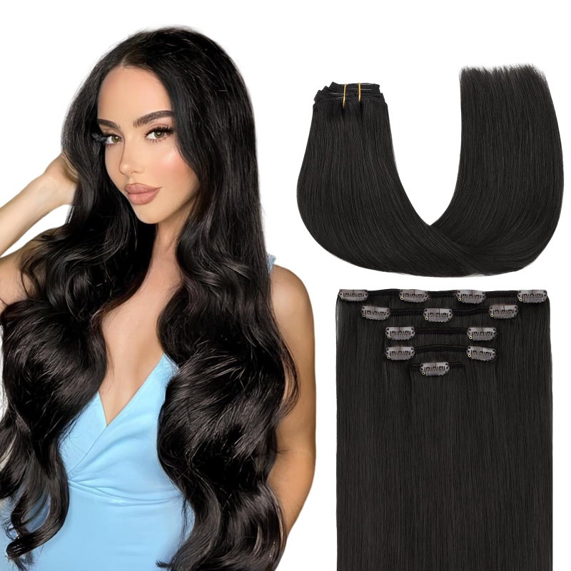 MAXITA Clip in Hair Extensions Real Human Hair 18 Inch 5pcs 80g Natural Black Real Hair Extensions Clip in Human Hair Natural Straight for Woman